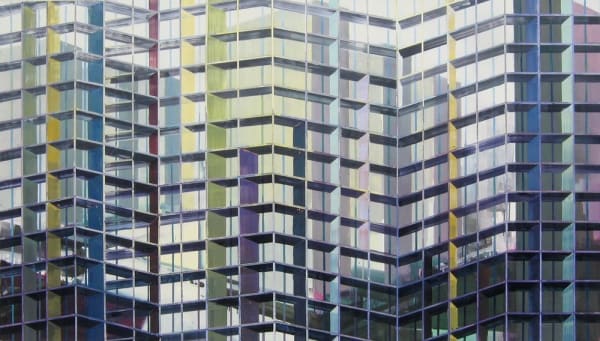 Abstract urban landscape with several blurry and pale colored high rise buildings A multi-colored grid of alternating thin and thick horizontal and vertical lines form the illusion of foreground scaffolding
