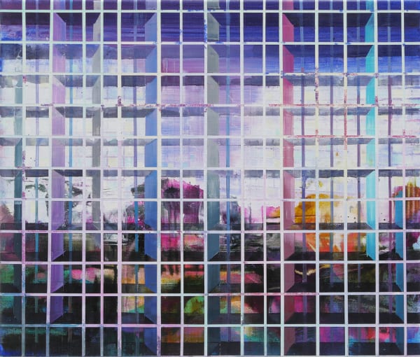 Colorful abstract landscape alludes to several high white rise buildings amongst garden space with a purple night sky A grid of alternating thin and thick horizontal and vertical lines form the illusion of foreground scaffolding