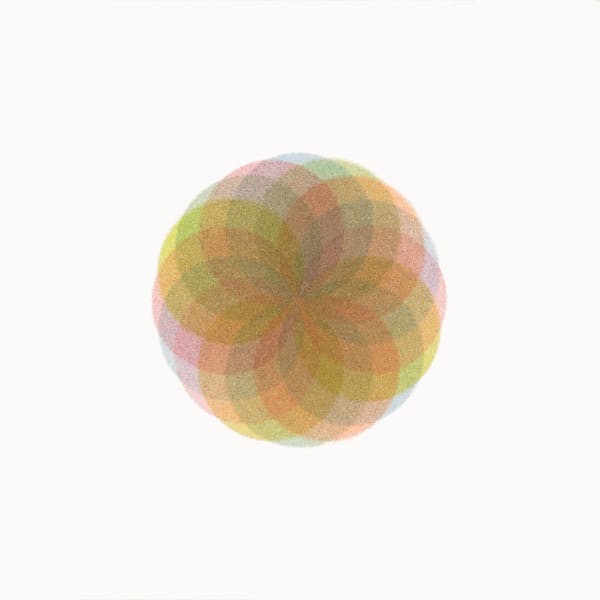 Flower-like orb created from the layered overlapping of circles in many different pastel colors. All circles are created from tiny dots but from afar appear to be solid colors.