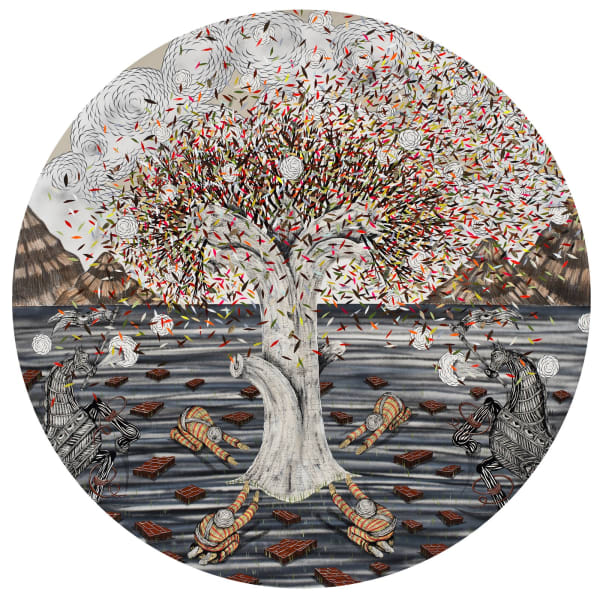 Four men in yellow and red stripped outfits kneeling and pray towards a tree surrounded by pieces of brick, with multicolored leaves flying off into the wind. Two horses rear towards tree from either side. Background of circular canvas is mountains and white scalloped clouds.