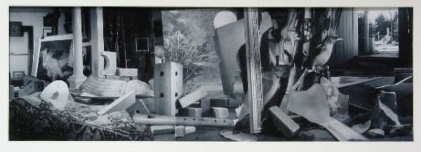 Black and white scene including children’s wooden toy blocks, recorder (musical instrument), small bird and photographs of landscape scenes.