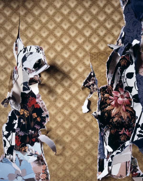 Digital photograph of a collage that depicts a torn gold patterned wallpaper. In the ripped areas the gold wallpaper has been pulled back to reveal several former floral wallpapers beneath it
