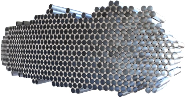 Multiple hollow aluminum tubes stacked and arranged to form a cloud shape that acts as a distorted lens