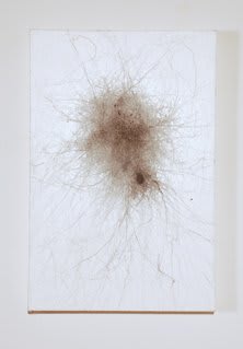 hite painted background with central brown ink puddle in which multiple hasty strokes sprawl out from and criss cross along the canvas