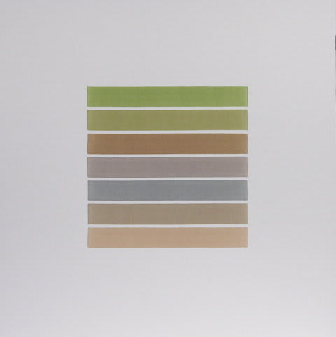 A series of seven colored horizontal lines separated by thin white lines against a white background. The lines are the following colors, from top to bottom: green, chartreuse, brown, purple, blue, beige, tan.