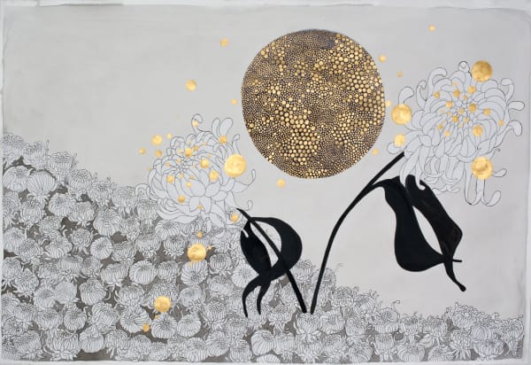 Abstract mixed media landscape of a large moon floating above a hill of small black and white chrysanthemum heads. The moon is composed of multiple variously sized shiny gold dots and directly underneath it, sprouting from the hill, two huge black and white chrysanthemums lean out and form a curved V shape. Floating around the moon and covering parts of the huge flower blossoms are multiple shiny gold dots