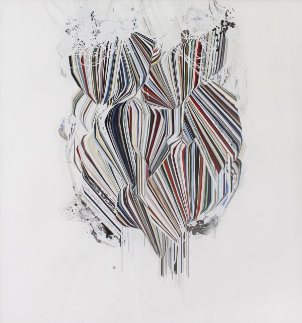 Abstract mixed media piece of a central mass made up of layered and interconnecting multicolored several waves. The waves consist of multiple thin and thick lines, paint drips, and patterns reminiscent of scientific molecular diagrams. The mass is surrounded by white negative space