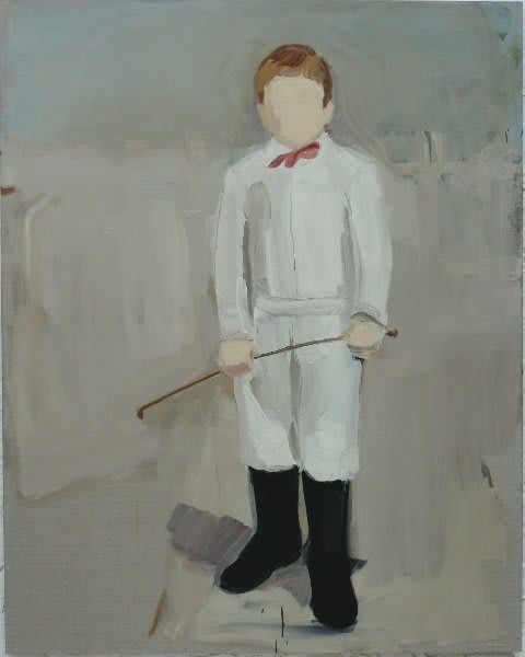 Small faceless boy in white outfit with black boots and red bowtie stands holding stick.