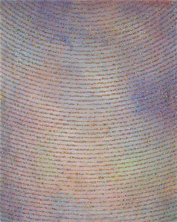 A multicolored abstract painting with florescent semi-circles from top to bottom.