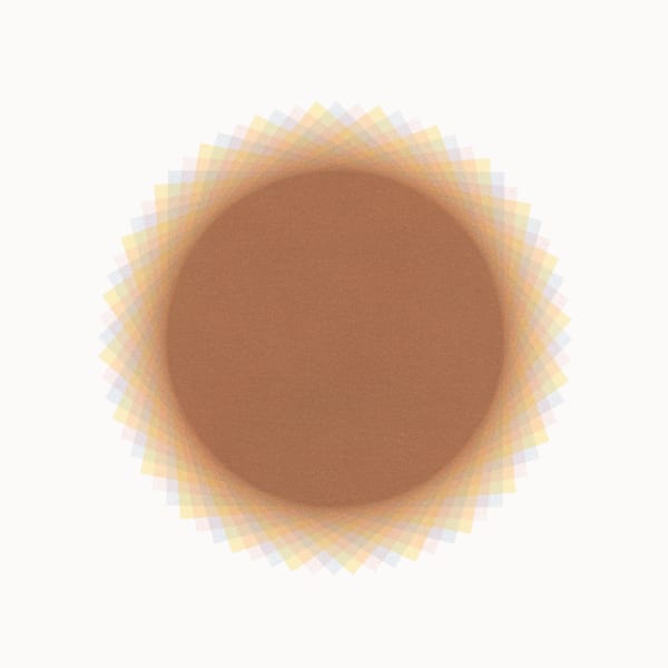 Around the perimeter of orange circle, layered triangles in faint blue, yellow and red create an overlapping, geometric, flower-like pattern against white background. The overlapping of the triangles also creates orange, purple and green sections of the flowered pattern.