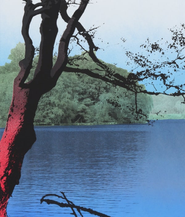 Multiple silkscreen layers of black blue green and red paint form a constructed landscape of a burry riverbank with a red and black silhouette of a tree towards the left of the piece
