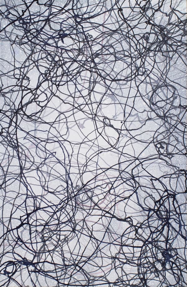 Light gray ink wash with multiple black ink trails that loop all across the paper and fade into a light gray