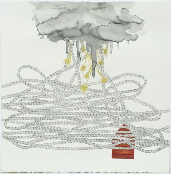 Mixed media piece of a gray cloud centered at the top of the piece. Spilling out of the cloud are several tiny gold leaf stars and multiple light gray braided ropes which intertwine with each other and nearly cover a small red brown pentagon at the bottom right corner of the piece