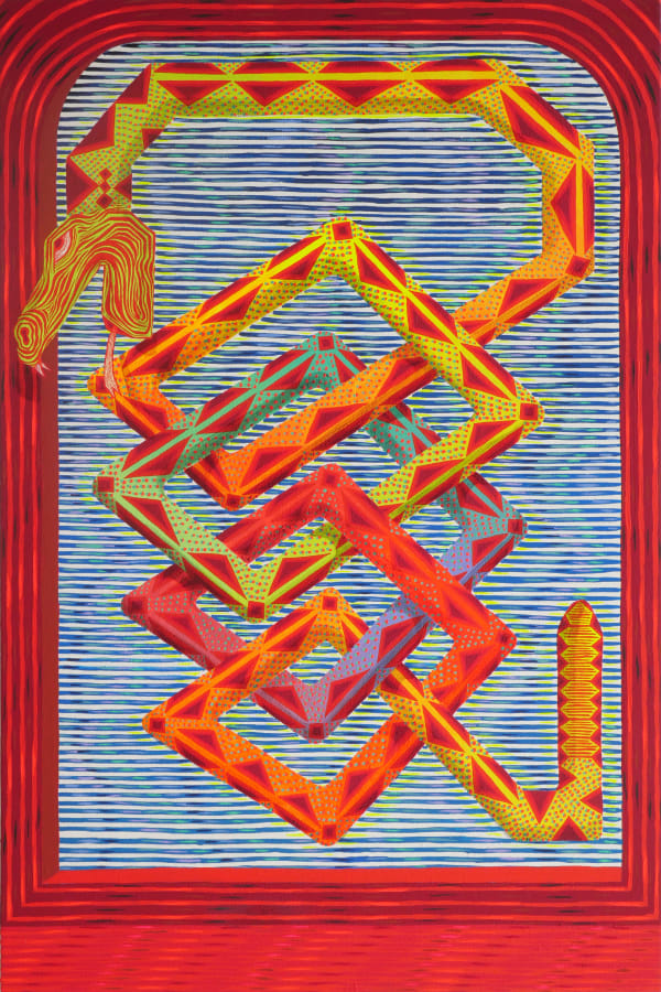 A snake with neon coloring and geometric patterning contorts at sharp angles, forming a downward cascade of interlocking diamond shapes. Blue and white horizontal striped background, set inside an illusory red frame.