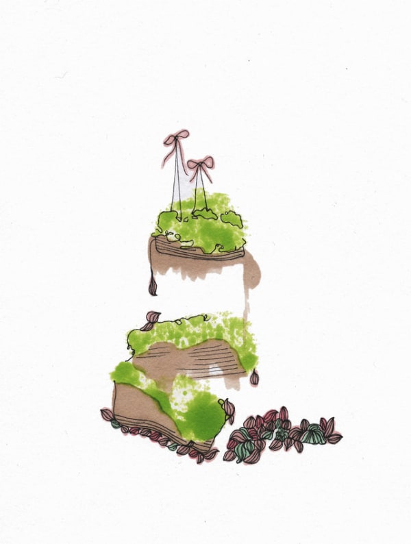 Ink and marker piece of a multiple tiered white green and brown cake. The bottom half of the cake is crumbling while the top half appears to be floating mid air due to two pink bows holding it up. Towards the bottom right, thin black lines and multi-colored markers make heaps of frosting