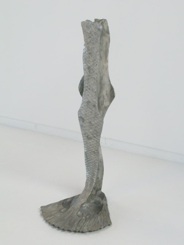 Aluminum mold of the negative space between the artist's legs which has been textured to resemble fish scales and a tail fin. At the base of the sculpture where the tail fin takes shape imprints of the artist’s feet are visible