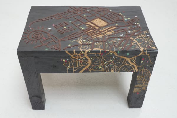 Alexandre Kyungu Mwilambwe Ebonga sit down, c’est notre espace VII, 2017 acrylic, wood dust and glue on incised wooden stool 9 7/8 x 15 3/4 x 10 1/4 in 25 x 40 x 26 cm
