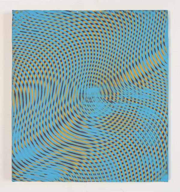 Light blue yellow and navy paint layered to create multiple wavy and circular moiré effects with some light blue blotches scattered among the painting