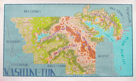 Various earth-toned shapes form several topographic patterns around green and beige in to create the image of a geographically inaccurate map of the state of Washington At the bottom left corner in a dark blue serif font the word Washington is written and throughout the piece several other states and landmarks can be read