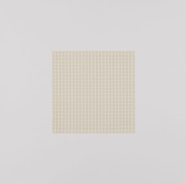 Tan color field is divided into an intricate grid by white horizontal and vertical lines against white background.