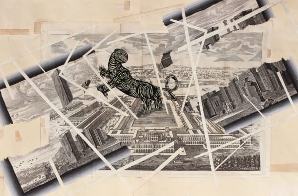 Black and white striped beast floats over copper etching of walled city. White lines and other copper etchings of cities also float over copper plate in a collage-like manner.