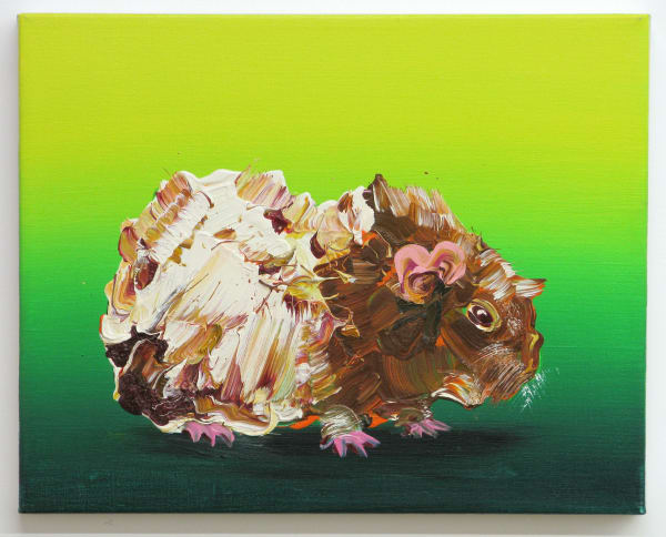 Against gradient bright green background, brown guinea pig viewed in profile has splotchy abstracted fur.