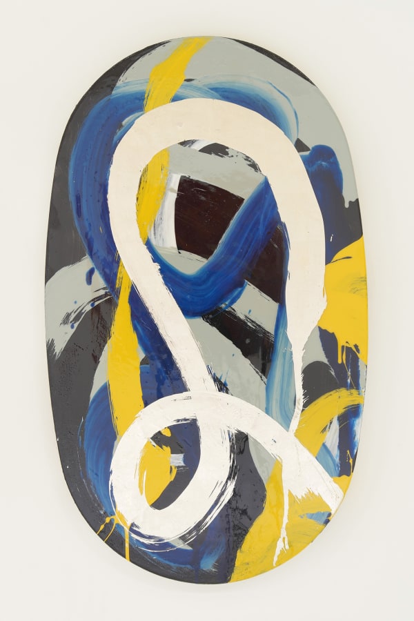 Hasty and dripping yellow blue gray and platinum leaf brush strokes dive dip and loop across the oval cut black painted canvas