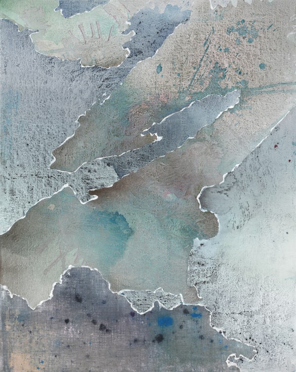 Beneath a tan and light green textured background, there is a dark turquoise splash of paint near the bottom right corner of the canvas. On top, textured blue swaths of paint outlined in white cover parts of the background and the splash, moving from lower left to upper right.