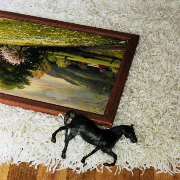 Chromogenic print of a digital photograph of a white shag carpet. On top of the carpet is a fallen black horse figurine and a framed hilly countryside painting