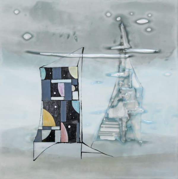 Cool toned multi-colored mixed media piece depicting two geometric figures. The one to the left and in the foreground is made out of interspersed cut out black ballpoint pen astronomical drawings, multi-colored painted shapes and black lines while the one to the right and in the background is made solely of found plastic. A light blue and white wash creates a simple background and the entire piece is covered in a textured bio-resin