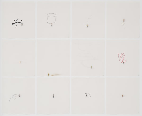 Liliana Porter Twelve Events, 2018 collage, acrylic, colored pencil and graphite on paper each sheet 11 1/4 x 10 inches/28.6 x 25.4 cm framed 41 x 48 5/8 inches/104.1 x 123.5 cm