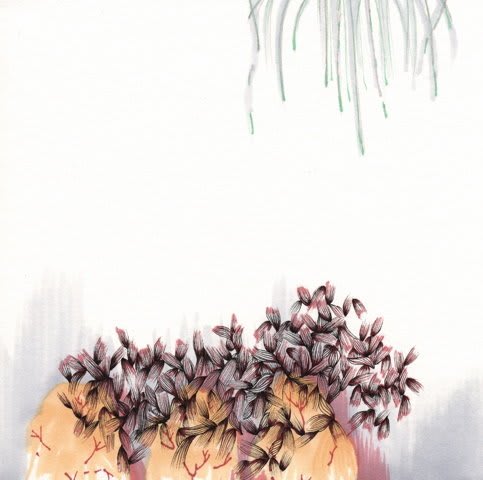 A cluster of intertwined veiny pink flower petals emerges from the top of a yellow leafed tree at the bottom of the piece. Multiple green vegetal tendrils hang above the tree and the petals from the top right