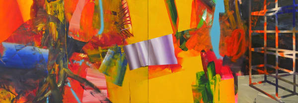 Diptych of two abstract panels. On the left side is a chaotic, layered, abstract design in red, blue and yellow. The yellow leads into the right panel, which has a similar abstract pattern in red, blue and green and a geometric structure that resembles a shelf. Purple chrome shape straddles the center of both panels.