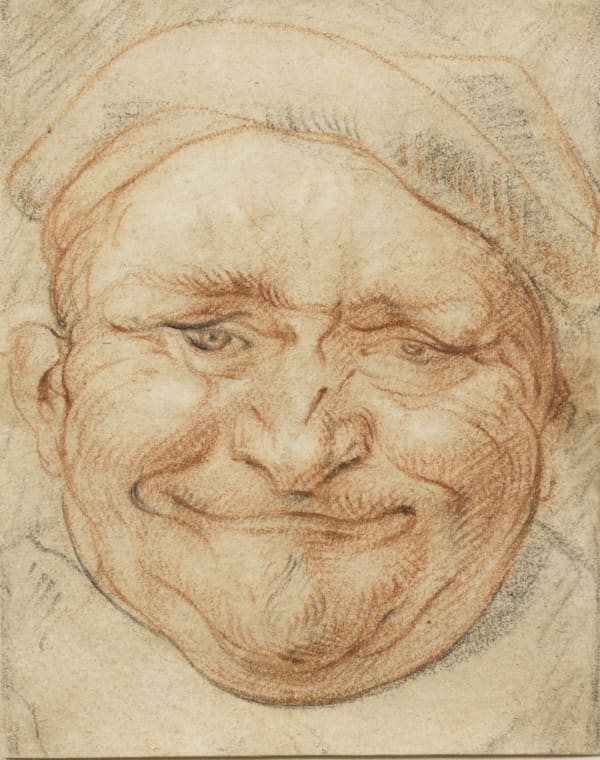 Jacob Jordaens (Antwerp, 1593-1678) Head of a Cheerful Man Wearing a Cap red, black and white chalk on paper watermark the arms of Amsterdam 5 5/8 x 4 1/2 in 14.4 x 11.4 cm