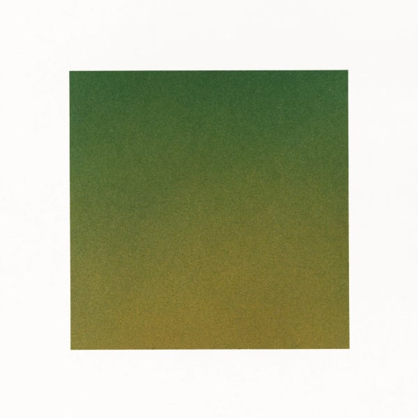 Against a white background, green to yellow gradient square color field is created from tiny dots.