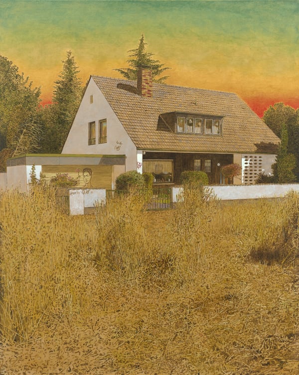 Quaint cottage with graffiti (including image of Frida Kahlo) sits behind a yard of yellow weeds and beneath a green, yellow and orange sky.
