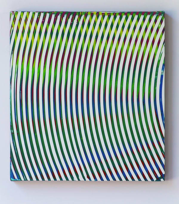 Blue green red and white paint layered to create multiple wavy and arching moiré effects