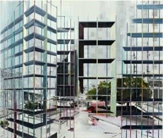 Abstract urban landscape with several distant and faded high rise buildings empty streets and green trees A grid of alternating thin and thick horizontal and vertical lines form the illusion of foreground scaffolding