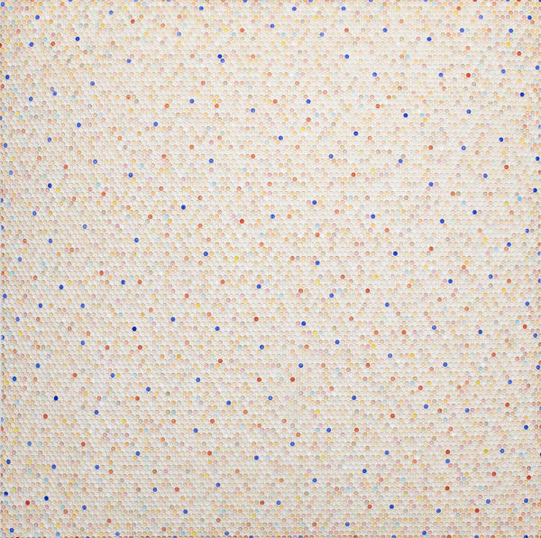 Bubble wrap indents cast into plaster and painted in oranges yellows and whites with a few blues done randomly