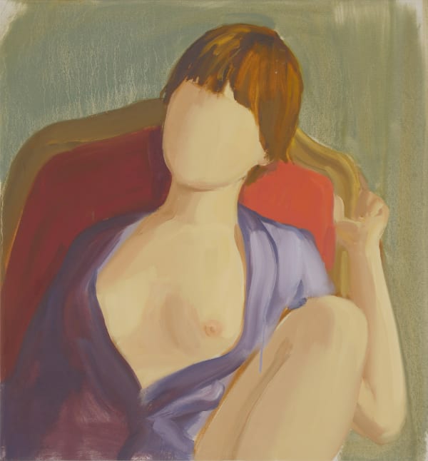 Faceless woman with close-cropped haircut is seated in red armchair. Her breasts are exposed beneath unbuttoned purple shirt.