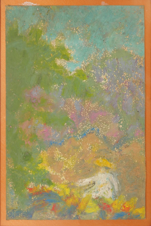 Brightly colored abstract vs figurative painting of greenery and flowers