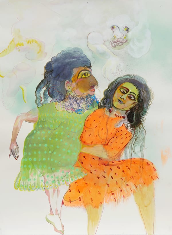 Rina Banerjee Lifting her, Zarina up and away from Snow Monkey, stay and play bring our friendships not to be blamed for histories that wishfully erase old age, Pale Snow Monkey can reclaim as messenger god be brave and stay. , 2019 acrylic on paper 30 x 22 in 76.2 x 55.9 cm