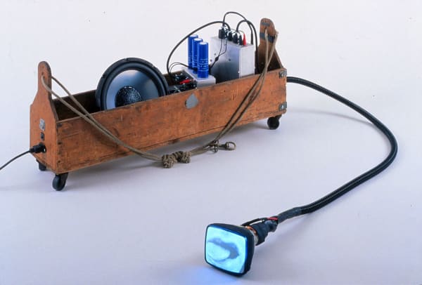 Electronic sculpture made out of a wooden tool box holds a speaker and several custom made electronics. A black tube covering several wires snakes out of the end of the tool box curves around to reveal the small LCD screen at its end. The LCD screen displays a blue tinted red lipped mouth with a tongue sticking out