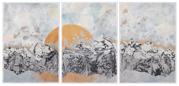 Mixed media triptych landscape of a black and white marbled mountain range A gigantic gold metallic moon peeks out from behind the mountains while multiple thin streams of gold and silver pointillism clouds line the tops of the mountains and hover above