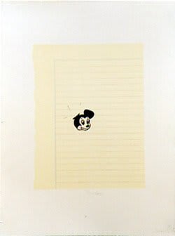 A lithograph print of a yellow note lined pad with a black ink drawing of a Mickey Mouse head with only one ear