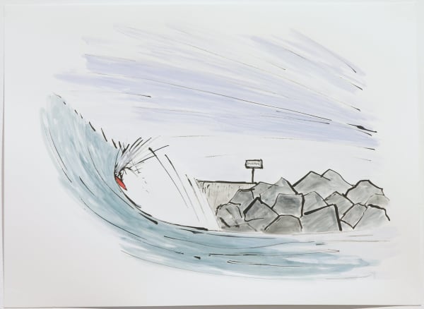 a stick figure surfing a blue wave with