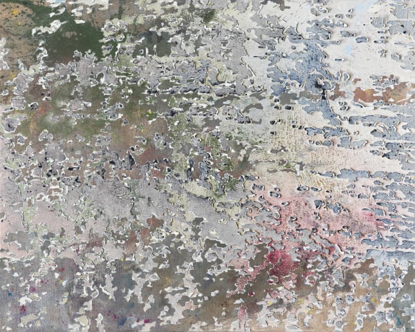 Iceberg-like chunks of paint in olive green, brown and red are layered against gray background, creating sense of layers and depth.