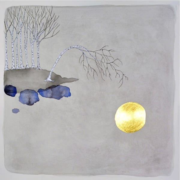 Mixed media landscape of a small gold leaf moon reflected in a light gray body of water. To the upper left a small dark gray and blue watercolor island houses several thin birch trees, one of which bends down as if reaching to touch the moon