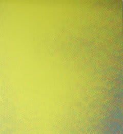 Vibrant yellow-green tinted painting with multi-colored asterisk shaped forms morphing and moving in waves against each other which then fade into a yellow-green as they approach the left side of the piece