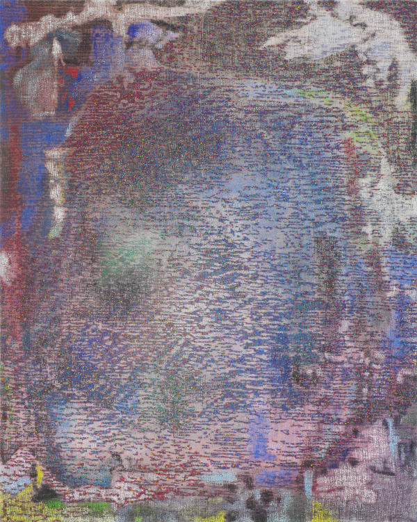 Front view of a multicolored abstract painting.